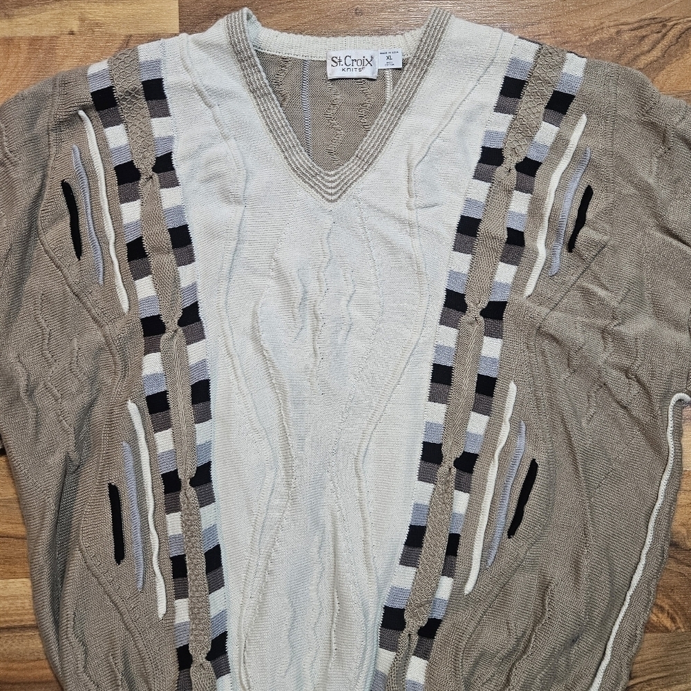St Croix Knits Textured Sweater Men’s XL Made in USA Beige Cotton 90s Retro - Picture 2 of 6
